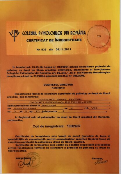 Certificat de inregistrare cabinet individual psiholog Grigore Pavel Florin