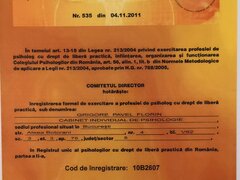 Certificat de inregistrare cabinet individual psiholog Grigore Pavel Florin